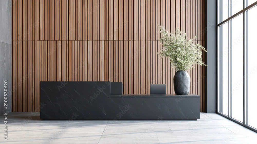 Black marble reception desk against a cedar slat wall